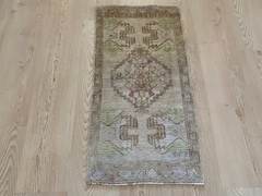 Vintage Turkish Small Rug 1.4×2.8 ft Soft Earth Tone Tribal Design Muted Carpet