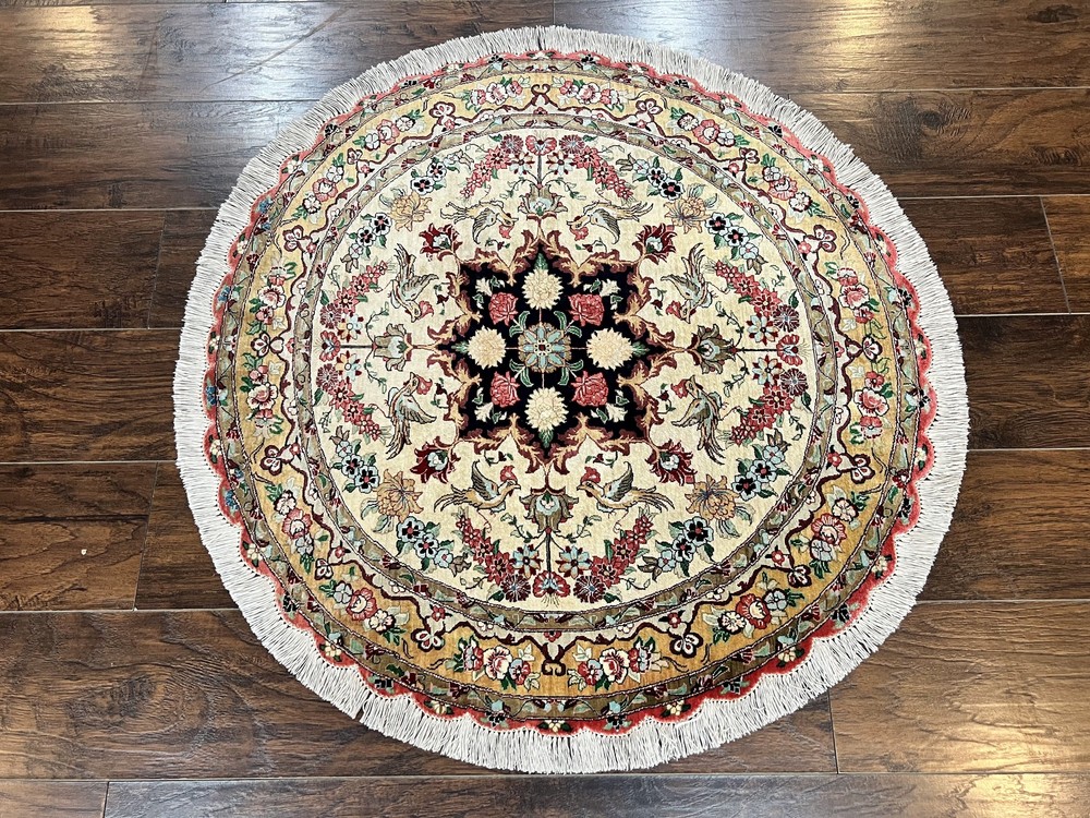 Silk Round Rug 3x3 Very Fine Handmade Carpet 380 KPSI Cream Gold Bird Pictorials