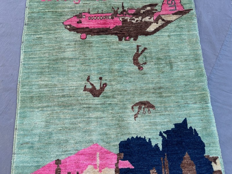 2'7x3'9 Afghan War Rug Hand Knotted Wool Tribal Oushak Boho Military Art Carpet gallery