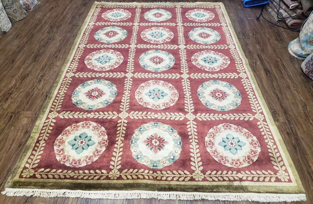Nepali Aubusson Panel Rug 6x9 Soft Wool Handmade Vintage Tibetan Carpet Red Nice