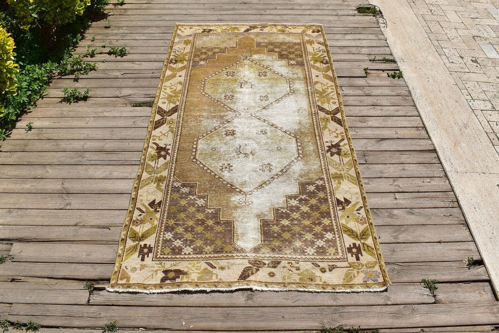 Turkish Rug 3x6 Handwoven Oushak Rug 105x210cm Natural Wool Carpet Muted Rug