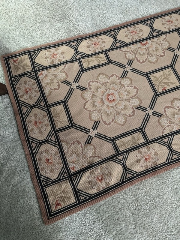 Needlepoint Runner Rug 2.5’ x 10’ English Floral Black Beige Tan Rose Pink Wool gallery