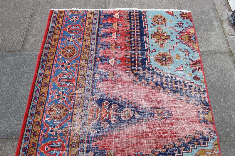 Vintage Worn Fragment Hand Made Traditional Oriental Wool Red Blue Rug 201x110cm gallery