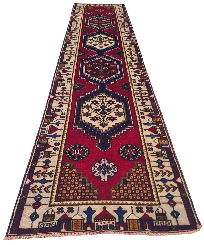 Amazing Hand Knotted Vintage Turkish Wool Area Runner Rug 11 x 3 Ft