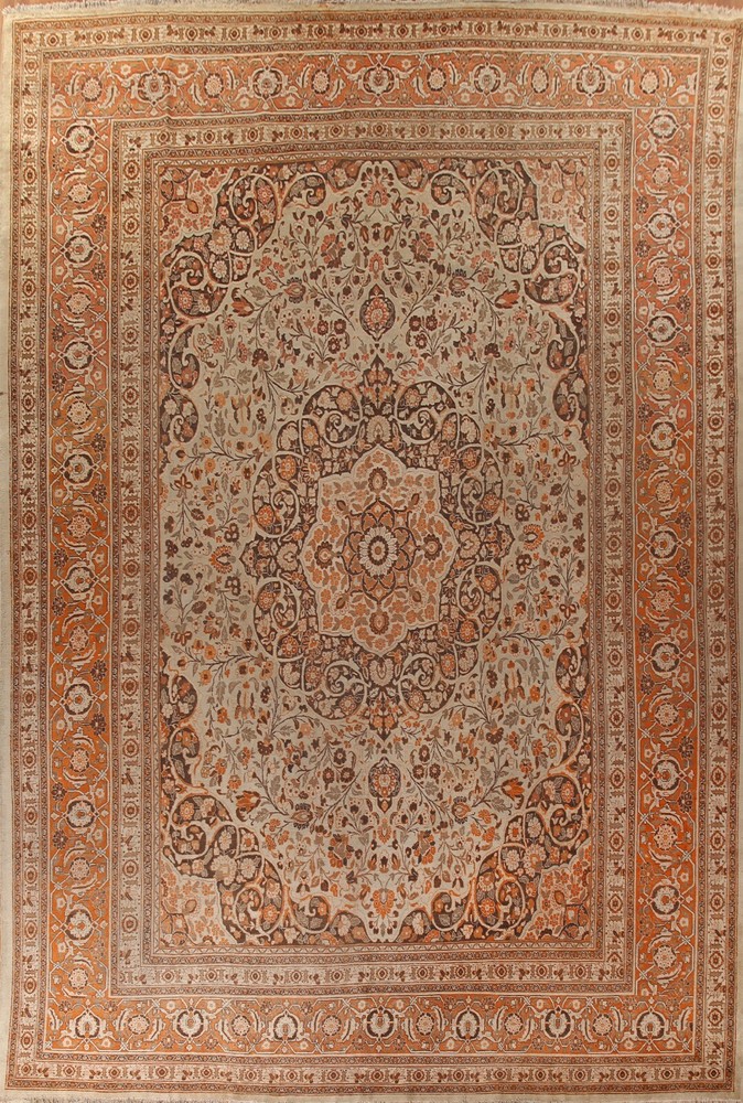 Pre-1900 Ivory Tebriz Vegetable Dye Handmade Palace Size Antique Rug 13x19 ft.