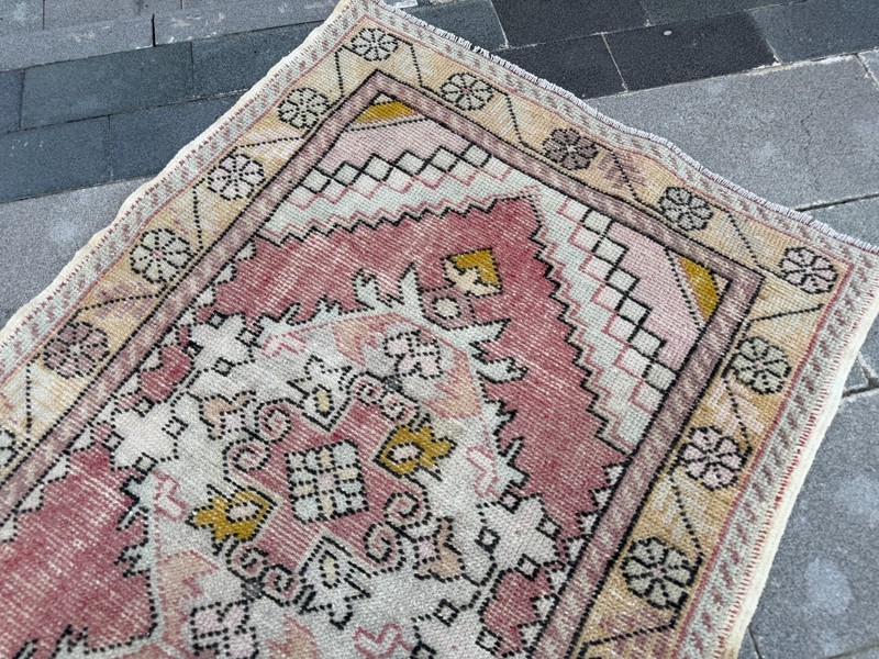Vintage Turkish Oushak Runner Rug 3.5x9.8 Ft Pink Hall Carpet gallery