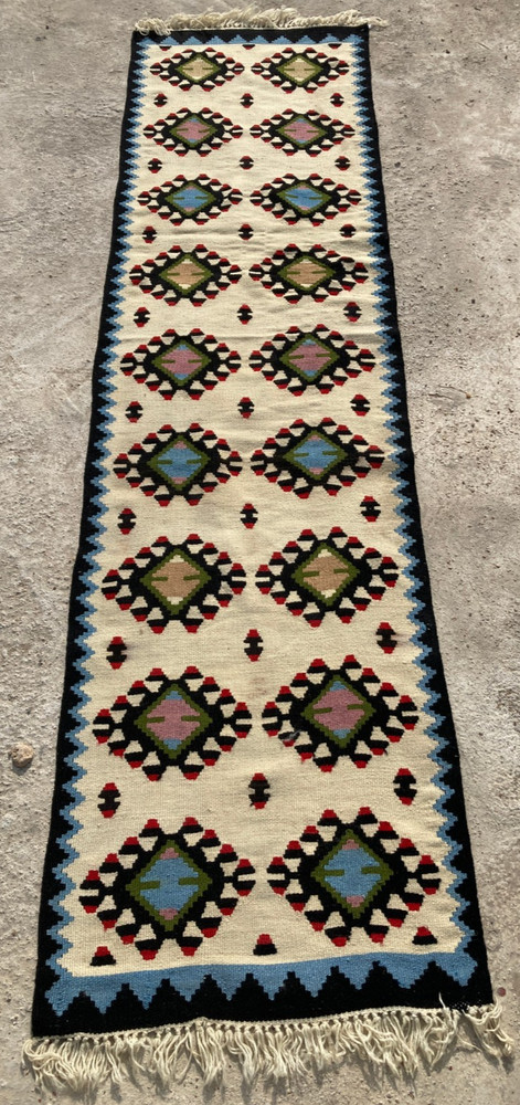 Vintage Handmade Traditional Geometric Wool Kilim Runner Rug 198x52 cm
