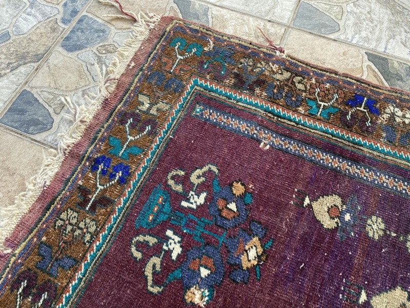 Vintage Turkish Handmade Wool Prayer Rug | Geometric Anatolian Oushak Carpet 2x4 gallery