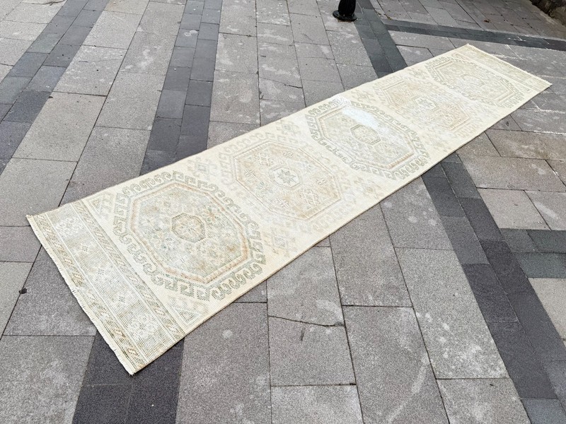 Vintage Turkish Oushak Runner Rug 2.7x12.4 ft Ivory Beige Hallway Wool gallery