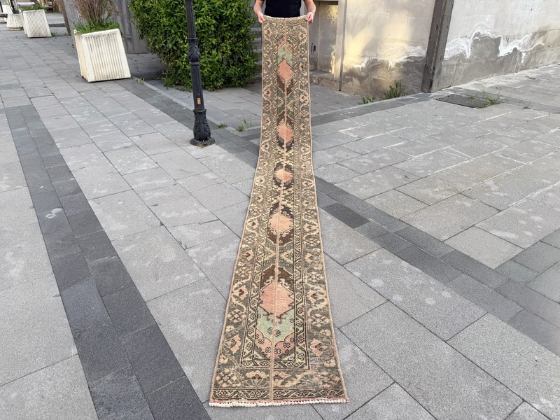 Vintage Turkish Oushak Runner Rug 1.5x12.6 ft Pink Sage Hallway Rug gallery