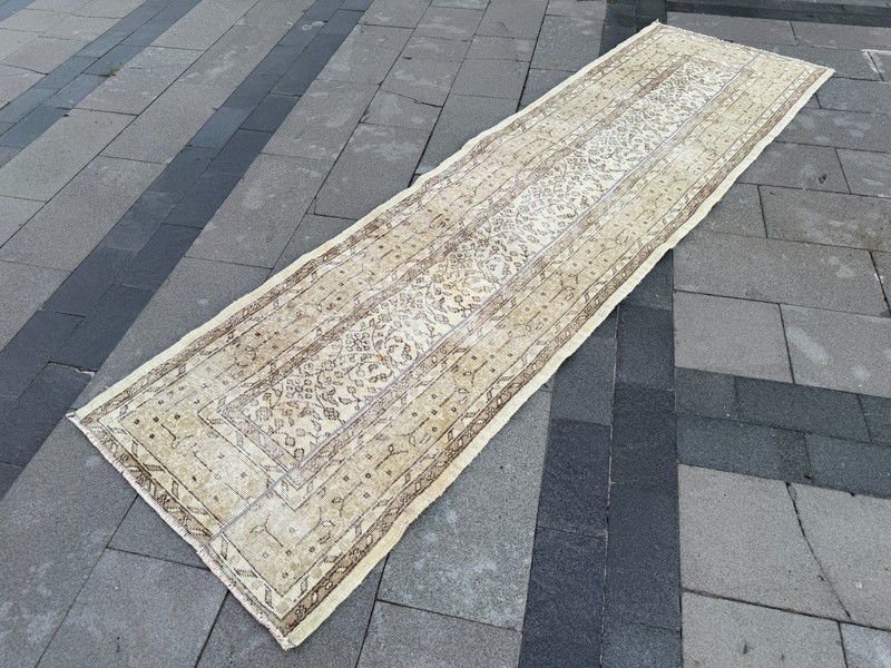 Vintage Turkish Runner Rug 2.8x10.2 ft Beige Cream Hallway Wool Handmade Rug gallery