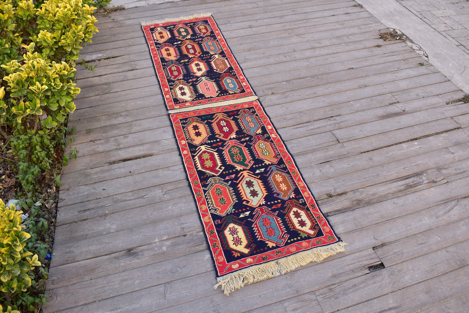 Turkish Rug 19''x76'' Oriental Runner Sumak Corridor Kilim Hallway Blue Rug 1x6 gallery