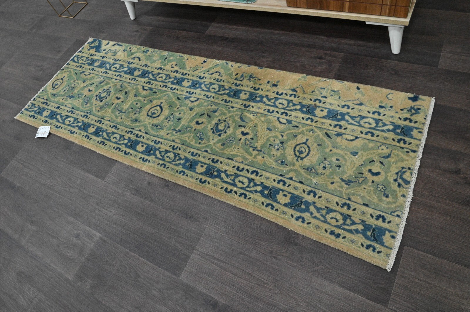 Vintage Turkish Runner Rug 2x5ft BEIGE Handmade Anatolian Oushak Hallway Wool gallery