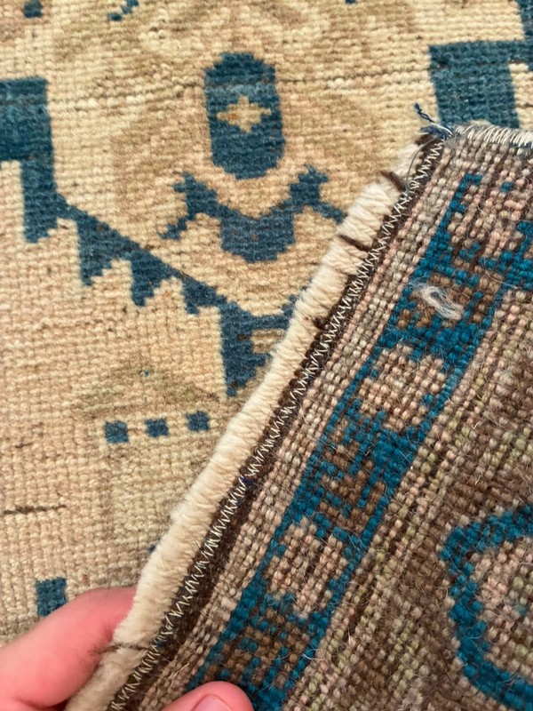 Vintage Oushak 2x3 Small Rug Blue Cream Beige Hand Knotted Turkish Wool Door Mat gallery