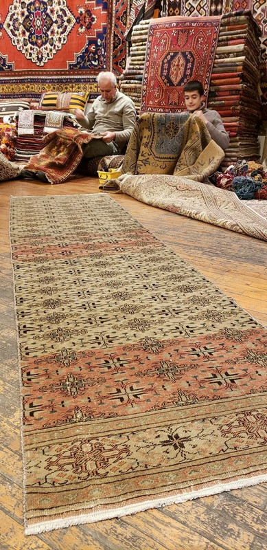 1930-1939's Antique Wool Pile Muted Natural Dye Bunyan Runner Rug 2'6" x 9'6" gallery