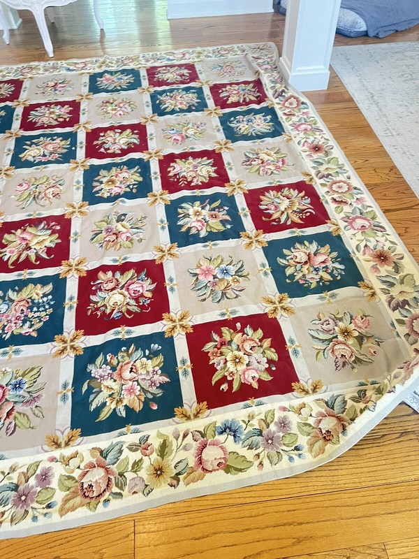 Aubusson Rug Needlepoint 7.5 X 9.5" Flowers Checker Roses Large gallery