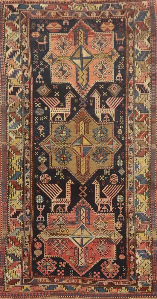 Hand-Knotted Geometric Wool Pre-1900 Antique Kazak Style Vegetable Dye Rug 4x8