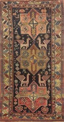 Hand-Knotted Geometric Wool Pre-1900 Antique Kazak Style Vegetable Dye Rug 4×8
