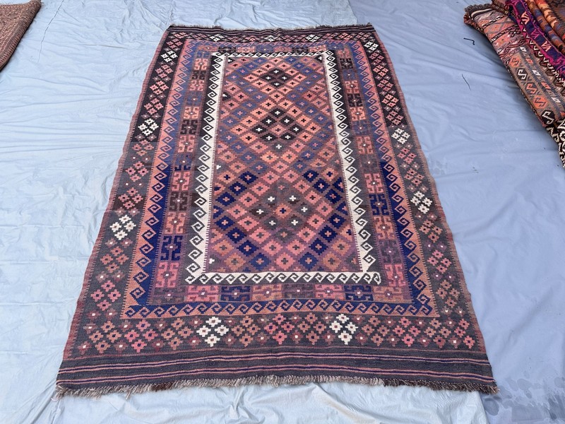 Dusty Pink Navy Faded Kilim Rug 5'1x8' Handmade Afghan Tribal Boho Flatweave gallery