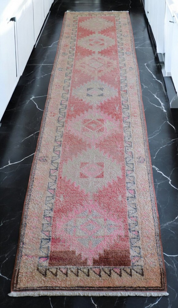 Turkish Runner Rug, Hand Made Rug, Tribal Wool Rug, PINK Runner Rug 3 x 11 ft