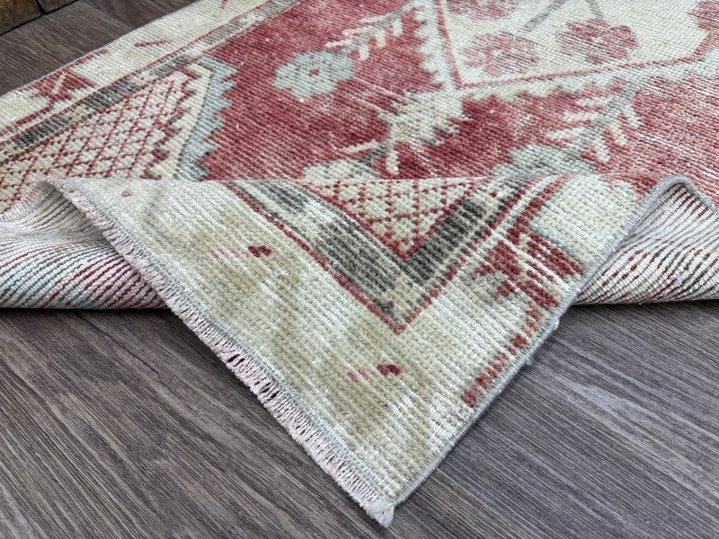 2x5 Vintage Turkish Runner Rug, Hand-Knotted Wool Rug, Red Green Small Oushak gallery