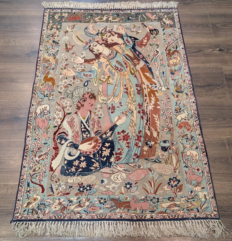Per'sian Pictorial Rug 3x4, Kork Wool on Silk, Musician, Animal Pictorials gallery