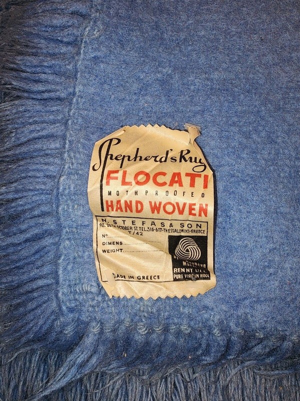 Genuine Greek Flokati hand woven wool rug, 4'x6' vintage, very good cond, w/ tag gallery