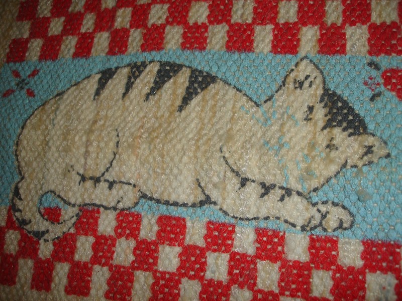 Vintage Hand Woven Cat Rug 22x30 Black & White Cats w/Red White Blue Background gallery