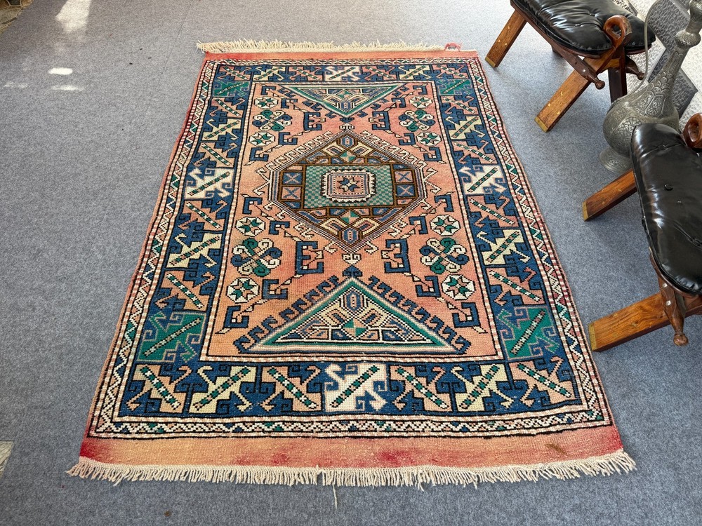 Vintage Oushak Rug 4x6 ft Hand-Knotted Peach Blue Geometric Antique Area Rug