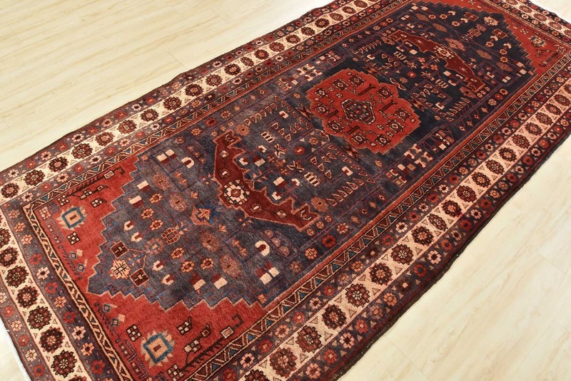 Hamedan Rug 4'8'' x 10'6'' Blue Wool Vintage Tribal Hand-Knotted Carpet gallery