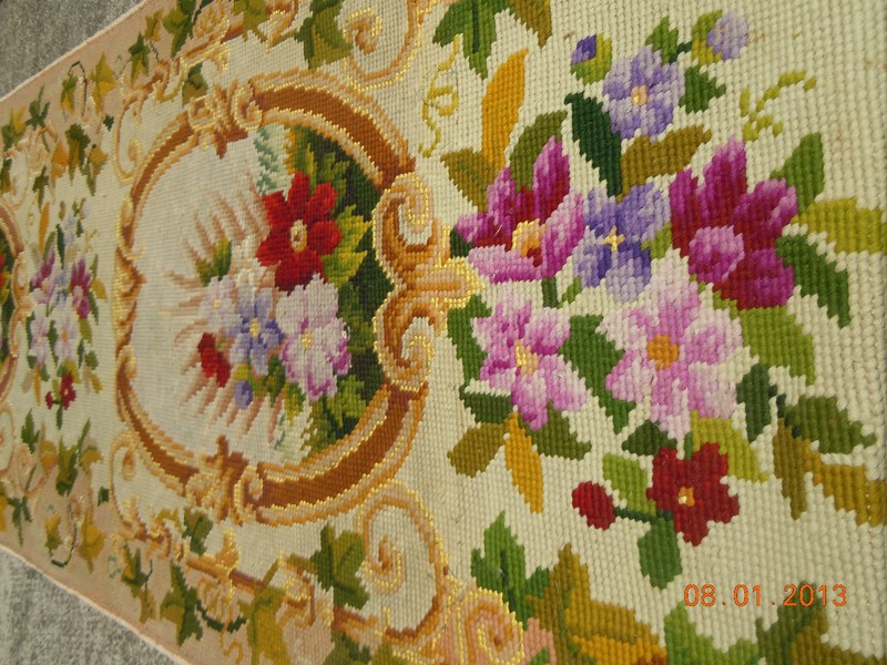 OLD French Floral Garland Bouquets Medallion Tapestry Needlepoint 10 ft Runner gallery