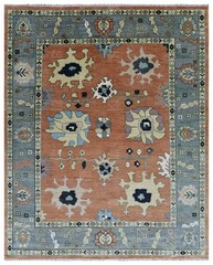 Handknotted Rust-Gray Floral Geometric Rug 8×10 ft