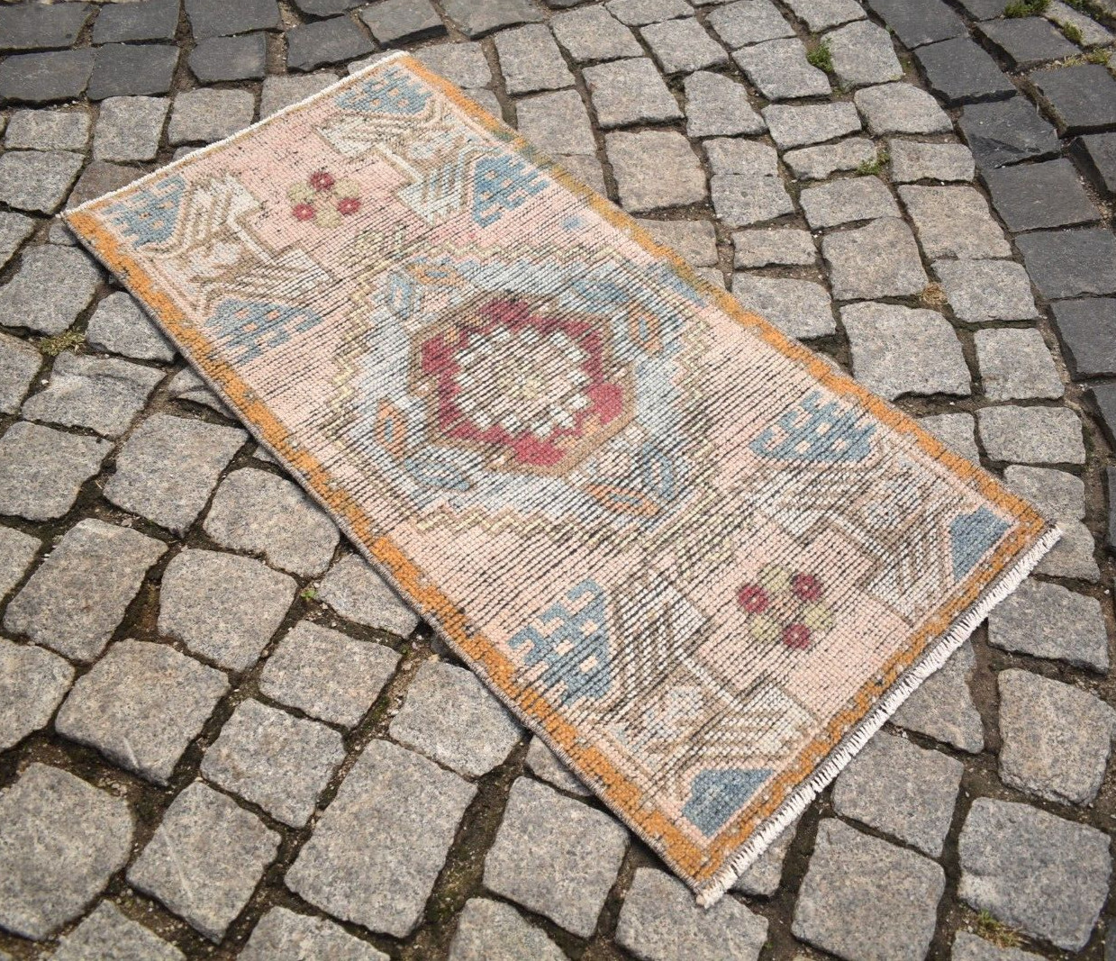 Turkish Rug 18'' x 37'' Vintage Anatolian Hand Knotted Oushak Rug Muted Dye Rug gallery
