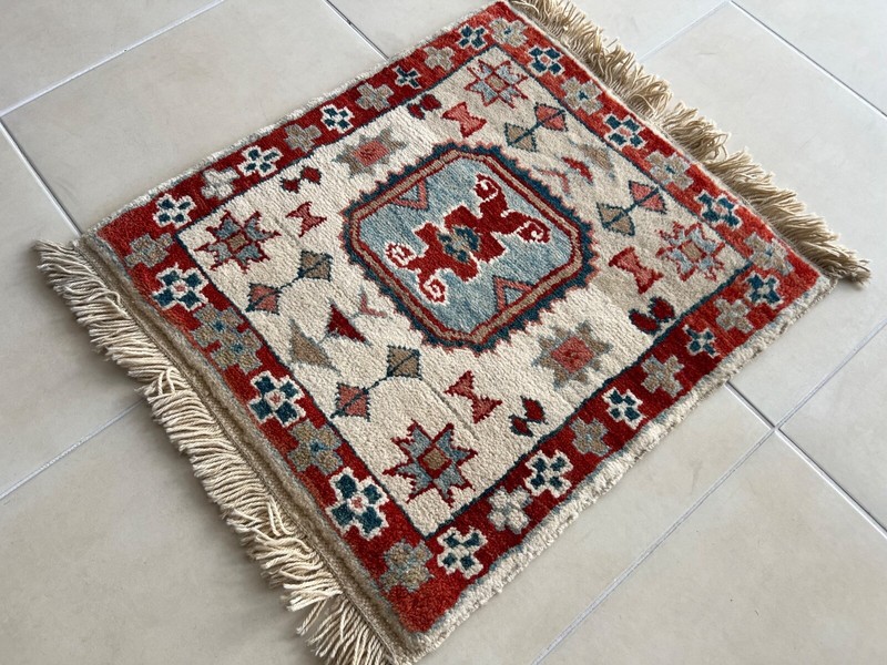 2x2 ft Vintage Turkish Rug – Hand Knotted Red Wool Muted Small Doormat gallery