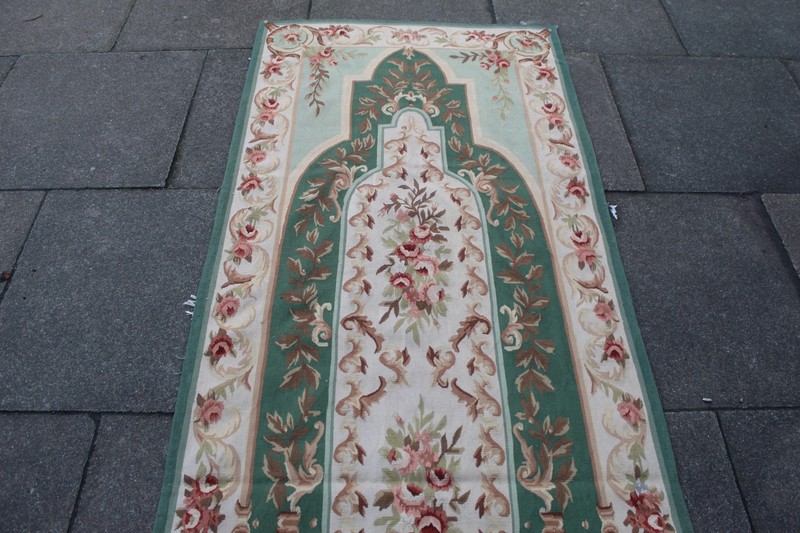 Vintage Hand Made French Design Wool Green Original Aubusson Runner 310X95cm gallery