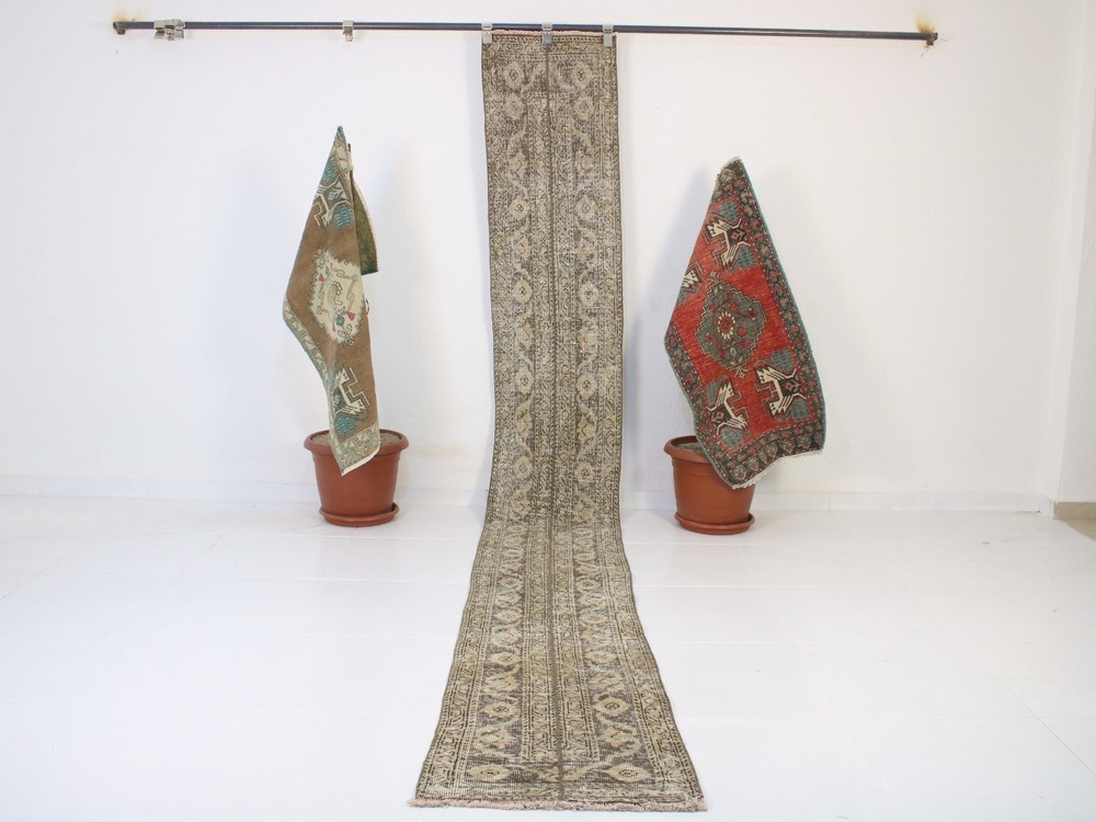 2x12 Turkish Handmade Runner Rug Brown Patchwork Tribal 1.7x12.3 ft