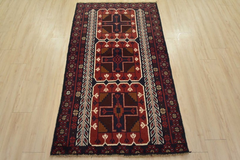 Vintage Tribal Rug 3’7” x 6’2” Red Wool Hand-Knotted Oriental Carpet gallery