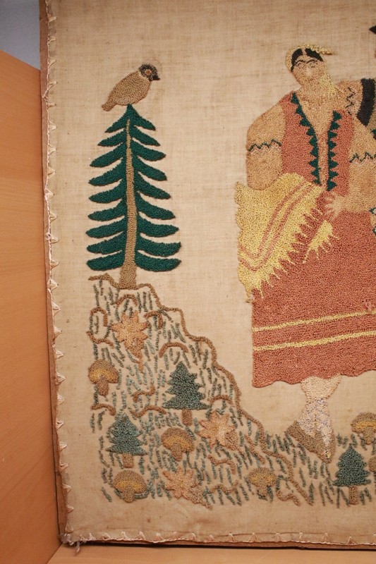 Antique European Polish Folk Art Figures Hooked Rug Scene Trees. Birds 30”x 31” gallery