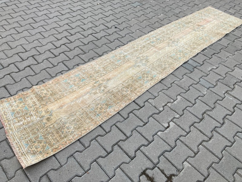 Vintage Turkish Runner rug, Patchwork Brown Handmade Hallway rug, 2.3 x 11.8 ft gallery