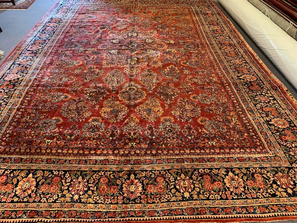 ANTIQUE ORIENTAL HAND-KNOTTED WOOL AREA RUG RED/BLUE/BEIGE 12 X 17