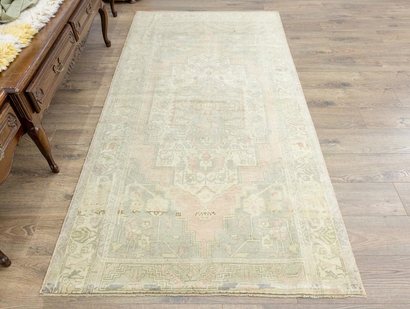 Muted vintage Turkish traditional rug 3.10x7.11 ft Large wide Oushak used runner gallery