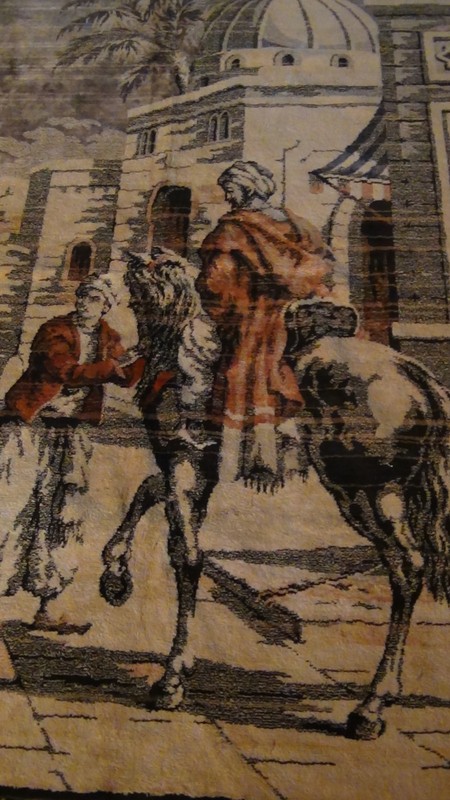ANTIQUE ISLAMIC SILK RUG STREET MARKET SCENE 49" X 77" gallery