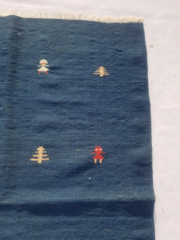 Vintage Handmade Traditional Figural Blue Kilim Floor Rug Carpet 4.9x3.4ft gallery
