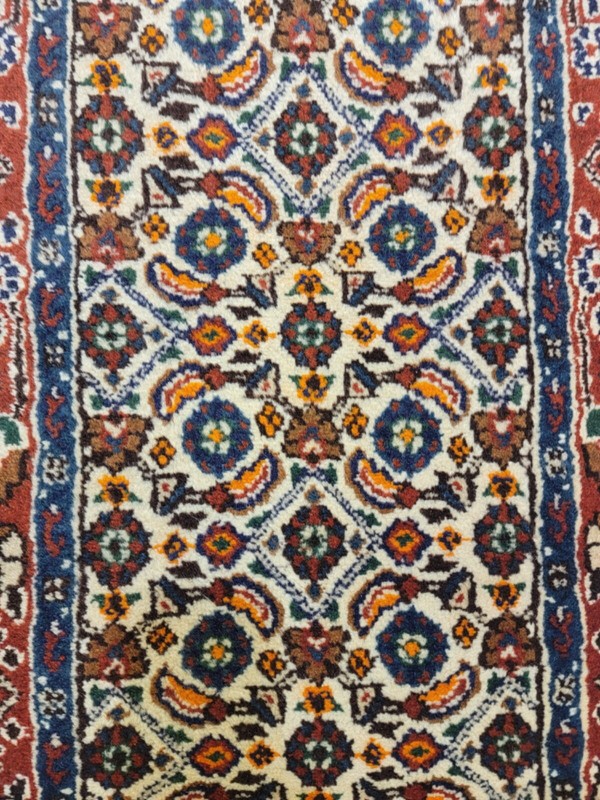 Antique Oriental Hand-Knotted Wool Runner Mood Red/Ivory/Navy Blue 2'6" x 13'4" gallery