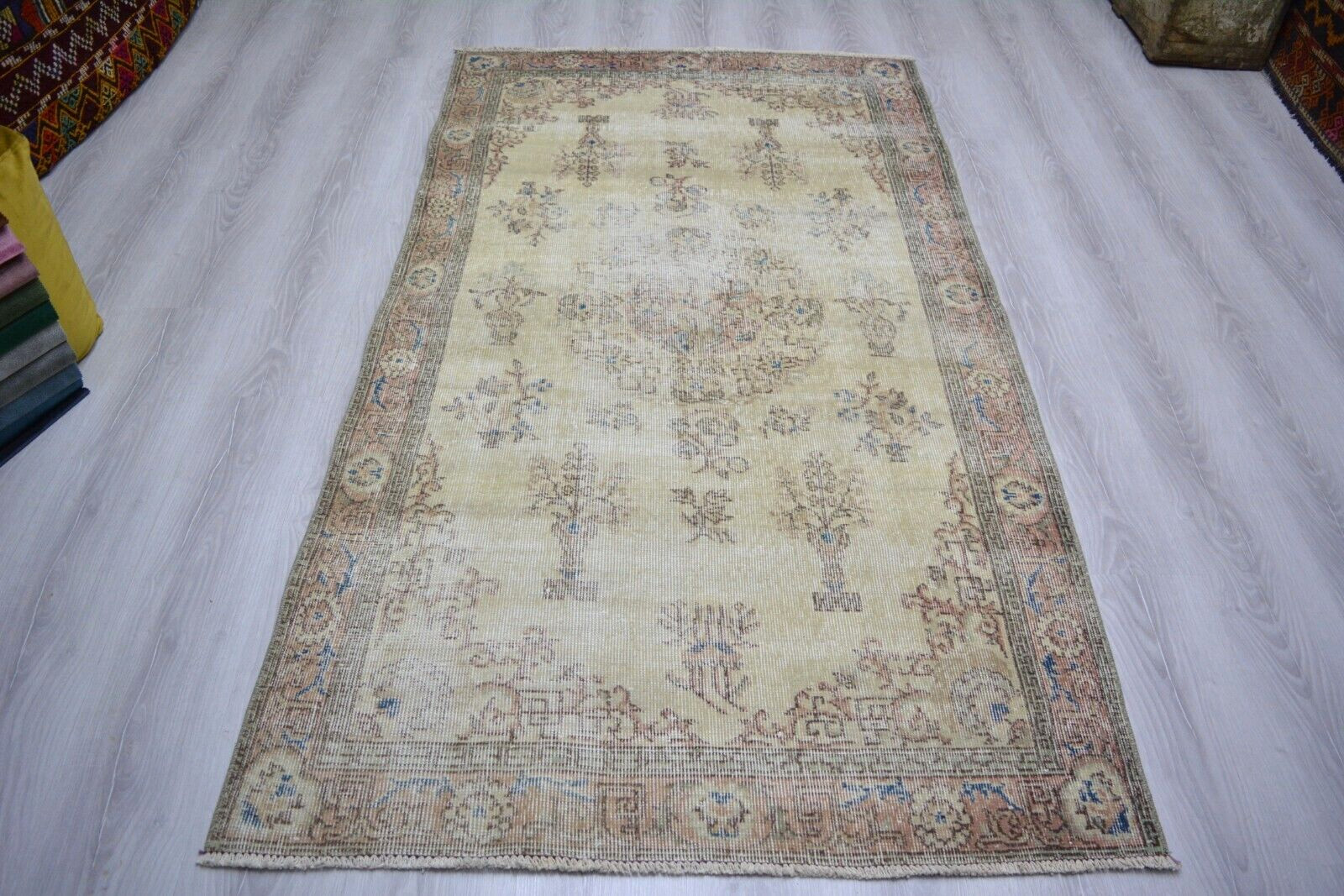 Turkish Vintage Rug, 3.7x6.5ft, Beige Handmade Rug, Antique Oriental Beige Rug, gallery