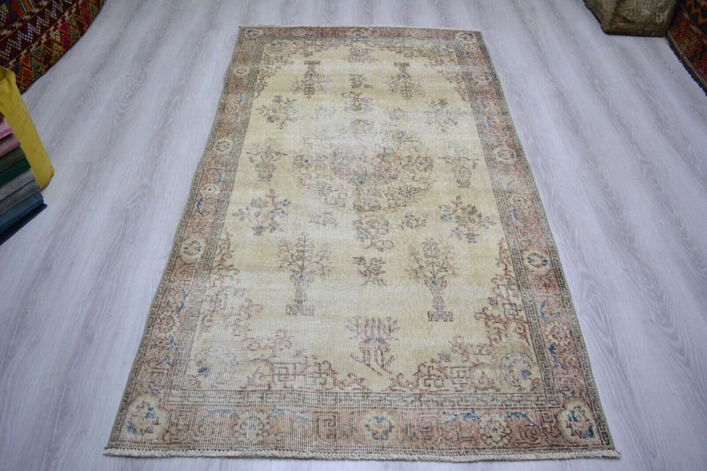 Turkish Vintage Rug, 3.7x6.5ft, Beige Handmade Rug, Antique Oriental Beige Rug,