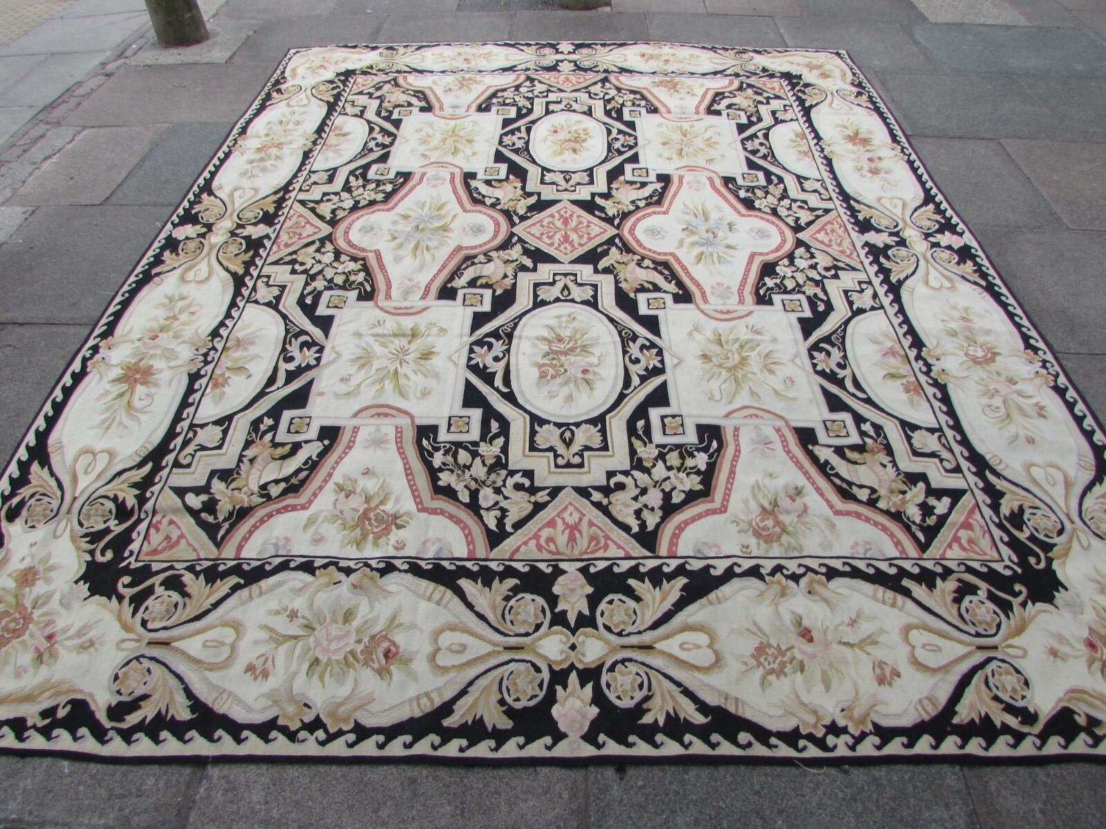 Vintage Hand Made French Design Wool Black Beige Original Aubusson 307X244cm gallery