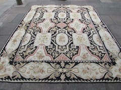 Vintage Hand Made French Design Wool Black Beige Original Aubusson 307X244cm