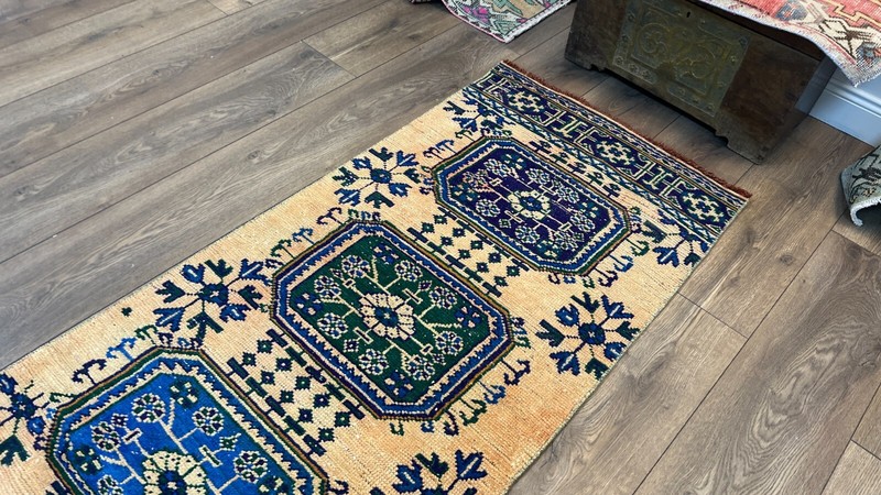 2.6 x 9.6 ft Yellow Rug, Blue Rug, Handmade Runner Rug, Oushak Runner Rug gallery