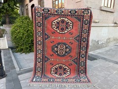Vintage Turkish Rug 5.3×8.3 ft Pink Blue Geometric Area Rug Handwoven Wool Decor